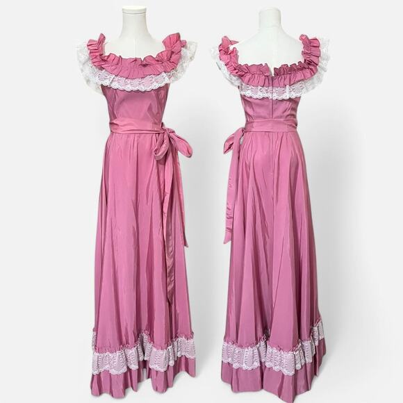 Rare Vintage 70s Fancy Frocks Pink & White Lace Cottagecore Maxi Dress XS - Picture 1 of 8